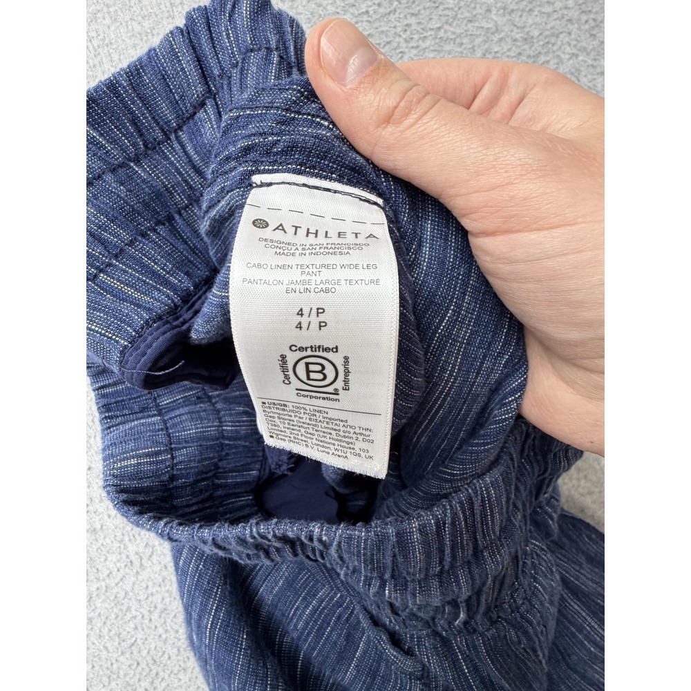 Athleta Cabo Linen Wide Leg Pants Womens 4P Blue Stripe Drawstring Zip Pockets - Picture 7 of 9
